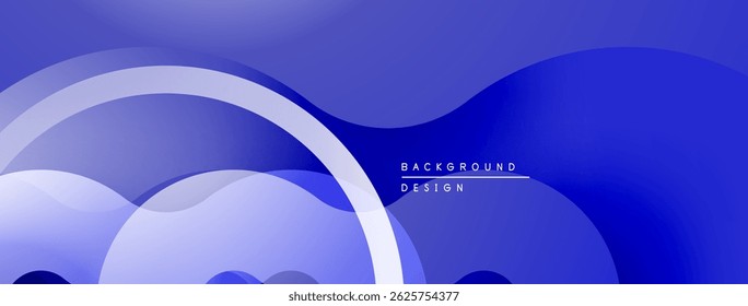 Abstract blue design features overlapping curved shapes. Gradient shades create depth, modern aesthetic. Minimal text present.