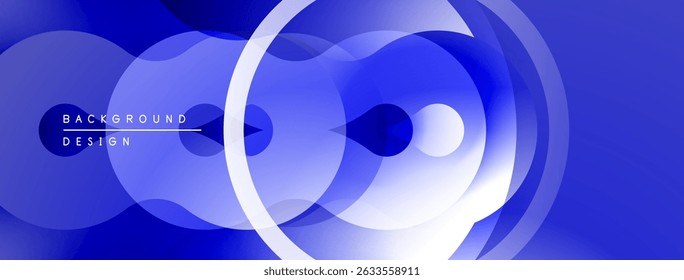 Abstract blue design features overlapping circles, waves. Gradient creates depth, modern aesthetic. Minimalist composition, smooth transitions.