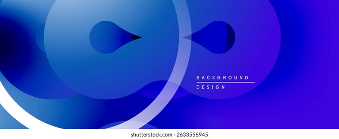 Abstract blue design features overlapping circles, gradients, droplet shapes. Modern aesthetic, suitable for backgrounds, presentations.