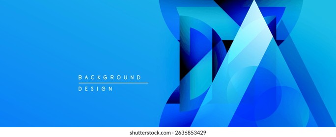 Abstract blue design features overlapping geometric shapes. Gradient shades create depth, modern aesthetic. Minimal text present.