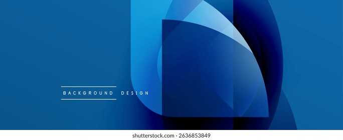 Abstract blue design features overlapping squares, gradients, smooth transitions. Minimalist style with text indicating background element.