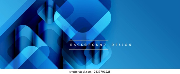 Abstract blue design features overlapping squares, rectangles. Gradient shades create depth, modern aesthetic. Text reads background design.