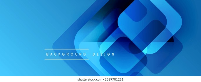 Abstract blue design features overlapping rounded squares. Gradient shades create depth, modern aesthetic. Text reads background design.