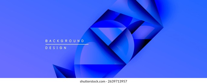 Abstract blue design features overlapping geometric shapes. Gradient background creates depth, modern aesthetic. Minimal text present.