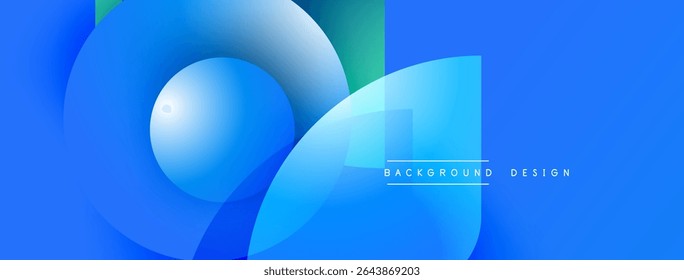 Abstract blue design features overlapping circles, gradients, smooth shapes. Modern aesthetic suitable for banners, backgrounds.
