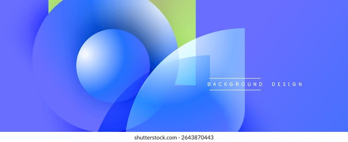 Abstract blue design features overlapping circles, squares. Gradient colors create modern visual effect. Text reads background design.