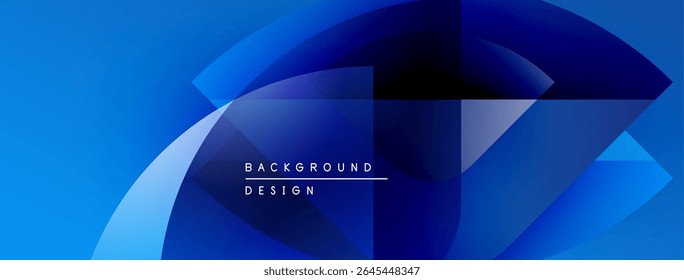 Abstract blue design features overlapping shapes, gradients. Modern background with text elements, simple composition.