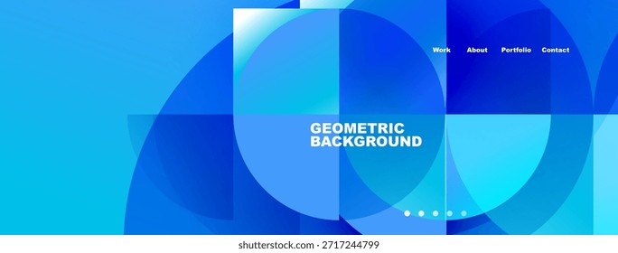 Abstract blue design features overlapping geometric shapes. Website navigation includes work, about, portfolio, contact sections. Modern aesthetic.