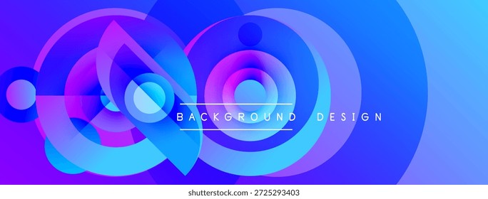 Abstract blue design features overlapping circles, gradients, vibrant colors. Text reads background design centered within composition.