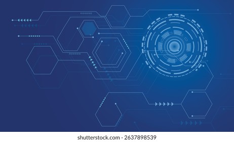 Abstract blue digital background featuring hexagon patterns and circular tech elements ideal for banners posters web and innovation themed projects
