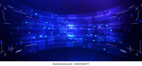 Abstract blue digital background with glowing pixels and geometric elements