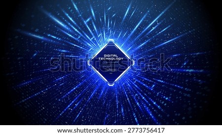 Abstract blue digital background. Glowing hexagon portal, ai tech light rays and data particles, futuristic network burst, high-tech energy core, modern technology concept, dynamic sci-fi illustration
