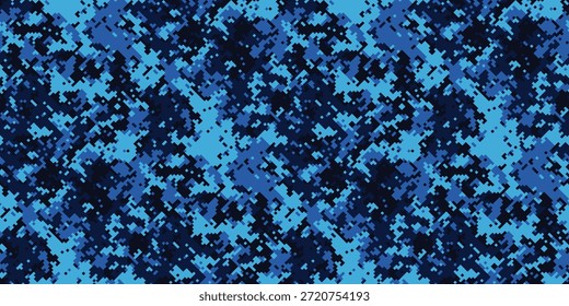 Abstractas patrón de camuflaje digital azul.  Textura sin costuras ideal para fondos, textiles o diseños tácticos militares.  Representa el ocultamiento, la estrategia y la estética moderna.