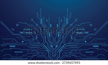 Abstract blue digital circuit board pattern representing technology and data flow on a dark background