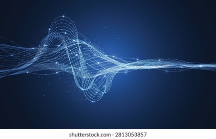 Abstract blue digital data wave technology background with glowing nodes and plexus lines