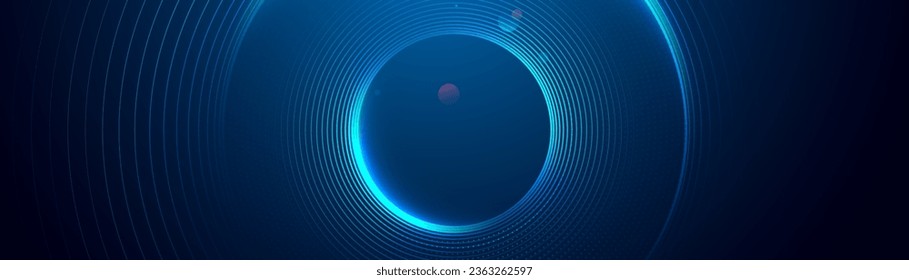 Abstract blue digital dynamic circle with hexagon line on dark background. Futuristic hi-technology concept. Sound wave. Vector illustration