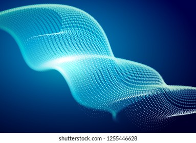 Abstract blue digital landscape with flowing particles. Cyber or technology background.