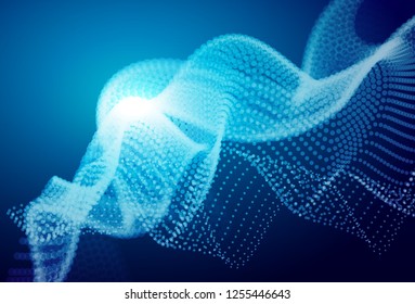Abstract blue digital landscape with flowing particles. Cyber or technology background.