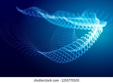 Abstract blue digital landscape with flowing particles. Cyber or technology background.