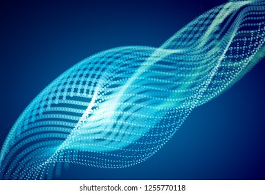 Abstract blue digital landscape with flowing particles. Cyber or technology background.