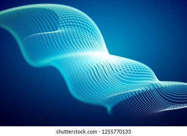 Abstract blue digital landscape with flowing particles. Cyber or technology background.