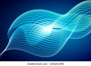 Abstract blue digital landscape with flowing particles. Cyber or technology background.