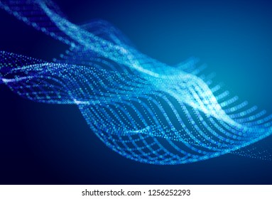 Abstract blue digital landscape with flowing particles. Cyber or technology background.