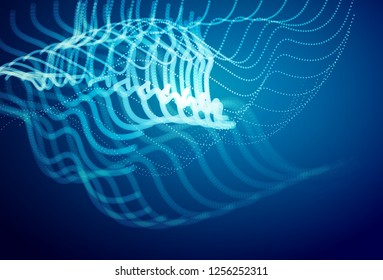 Abstract blue digital landscape with flowing particles. Cyber or technology background.