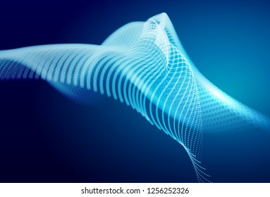 Abstract blue digital landscape with flowing particles. Cyber or technology background.