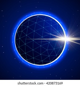 Abstract blue digital polygonal 3d sphere on starfield space background with eclipse. Vector illustration