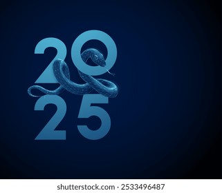 Abstract blue digital snake with the head inside the number 0 and number 2025. Animal chinese symbol of the year. Low poly style Geometric background Wireframe structure. Modern graphic concept Vector