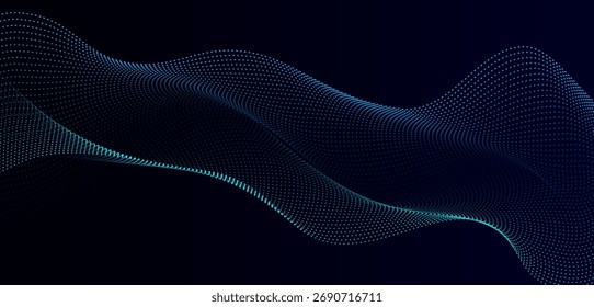 Abstract blue digital wave made of glowing dots on dark background. Futuristic technology, data visualization, or sound wave concept design.

