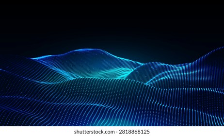 Abstract blue digital wave made from glowing particles and flowing grid lines creating a futuristic technology background for data visualization