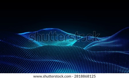 Abstract blue digital wave made from glowing particles and flowing grid lines creating a futuristic technology background for data visualization