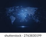 Abstract blue digital world map with network connection lines and glowing dots on dark background.