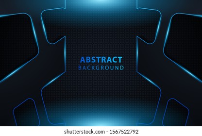 Abstract blue dimension on black texture background. Realistic overlap layers texture with blue lights element decoration. Vector design template for modern cover, banner, card, frame, advertising