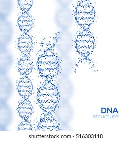 Abstract Blue DNA Helix with Small Particles Isolated on White Background. Vector Illustration. Science and Medical Research Concept Banner. Molecular Structure, Broken Strands