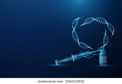 Abstract blue DNA molecule helixes swirled in circle, bottle, syringe. Genetic engineering, treatment of genetic diseases with medicinal products, medical concept. Low poly wireframe style. Vector.