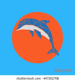 Abstract blue dolphin polygon template on a orange background. Vector illustration. 