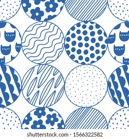 Abstract blue doodle circles with florals, dots and cats patterns inside, vector seamless pattern