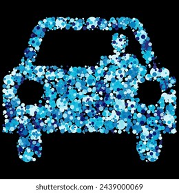Ilustración abstracta del coche del mosaico del punto azul en las burbujas de los tonos del fondo negro