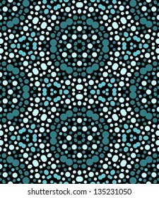 Abstract blue dots on black kaleidoscopic seamless pattern, vector