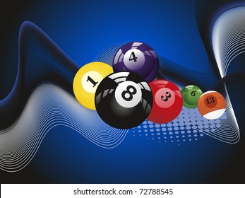 abstract blue dotted, wave background with colorful billiard balls