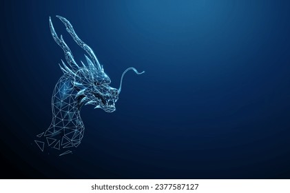 Abstract blue dragon head. 2024 animal chinese symbol of the year. Low poly style design. Abstract geometric background. Wireframe light connection structure. Modern 3d graphic concept. Vector