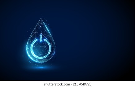 Abstract blue drop of water with power button.  Low poly style design. Geometric background. Wireframe light connection structure. Modern 3d graphic. Vector illustration.