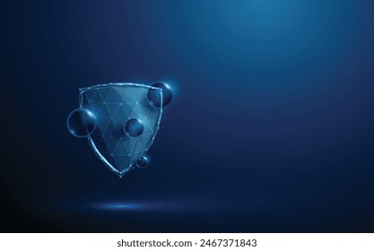 Abstrakte blaue Wassertropfen vor dem blauen futuristischen Schutzschild. Wasserbeständigkeitskonzept. Niedriger Poly-Stil. Geometrischer Hintergrund. Drahtmodell-Lichtverbindungsstruktur. Moderne 3D-Grafik. Vektorgrafik