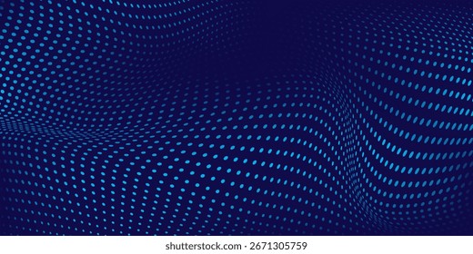 Abstrato azul dinâmico linha ondulada pontilhada textura azul fundo. Espaço em branco de cópia azul escuro. Malha de pontos. Ilustração vetorial.