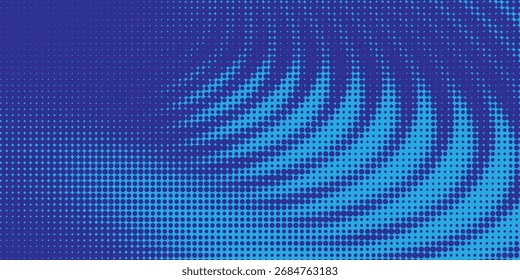 Abstrakte blaue dynamische gewellte Linie gepunktete Textur, dunkelblauer Hintergrund mit Kopienraum. Modernes futuristisches Muster für einfache Punkte