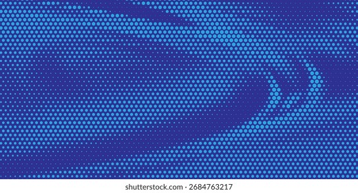 Abstrakte blaue dynamische gewellte Linie gepunktete Textur, dunkelblauer Hintergrund mit Kopienraum. Modernes futuristisches Muster für einfache Punkte
