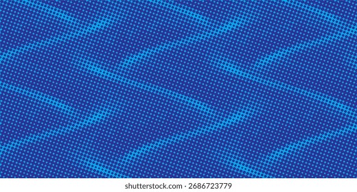 Abstrakte blaue dynamische gewellte Linie gepunktete Textur, dunkelblauer Hintergrund mit Kopienraum. Modernes futuristisches Muster einfacher Punkte.